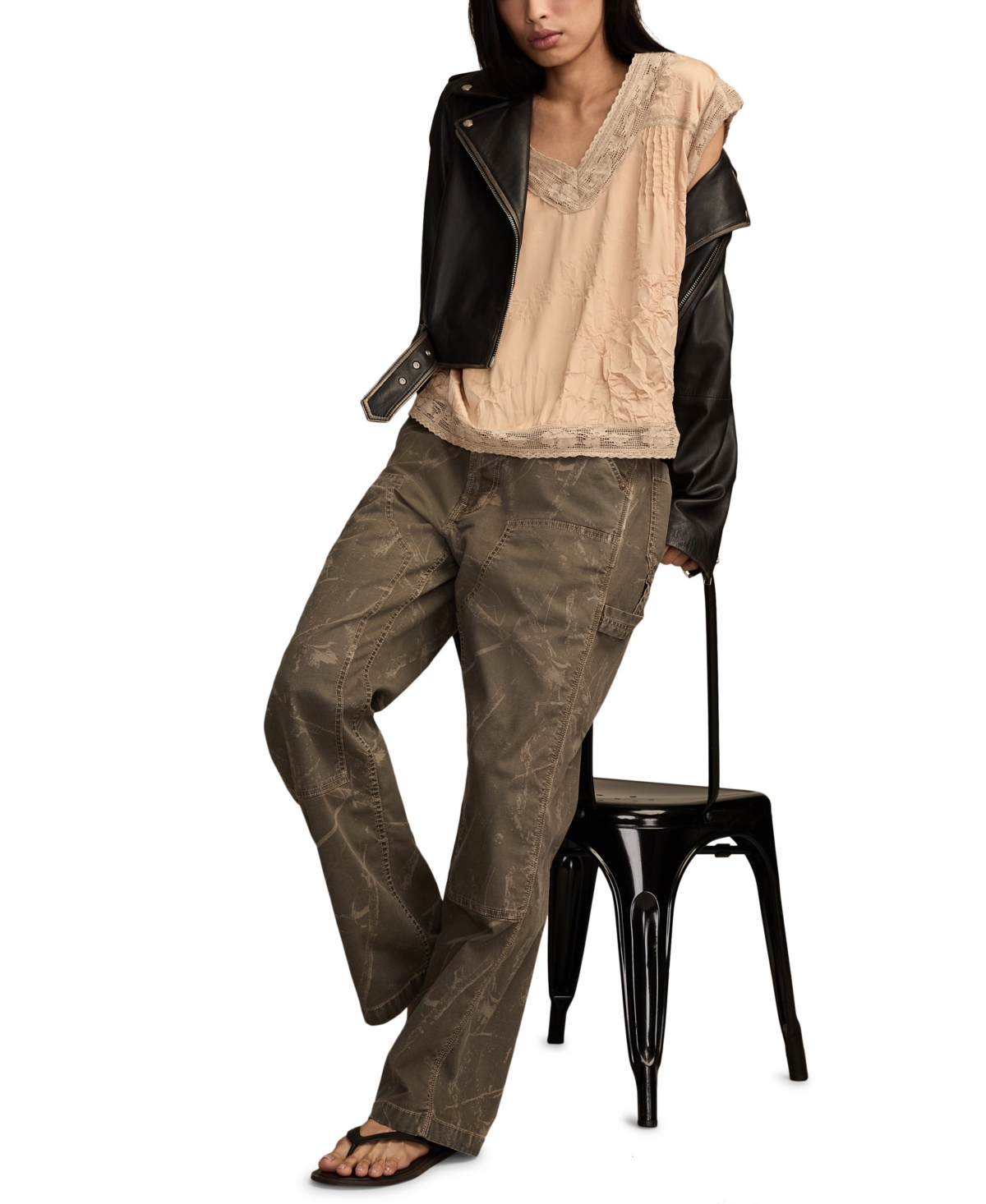 Lucky Brand Lace Cap Sleeve Shirt In Brown