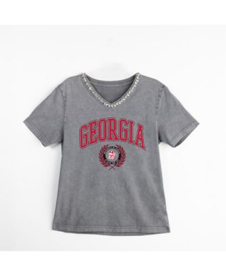 Women's Gray Georgia Bulldogs Iconic Edge Rhinestone V-Neck T-Shirt
