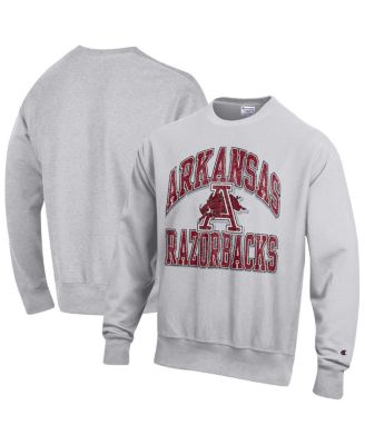 Champion - Men's Gray Arkansas Razorbacks Distressed Arch Over Logo Reverse Weave Crew Neck Sweatshirt