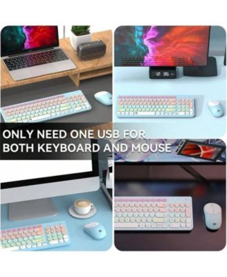 Wireless Keyboard And Mouse Combo - 2.4GHz Cordless, Cute Round Keys, Quiet Slim Set for Laptop, Computer, TV - Blue Green
