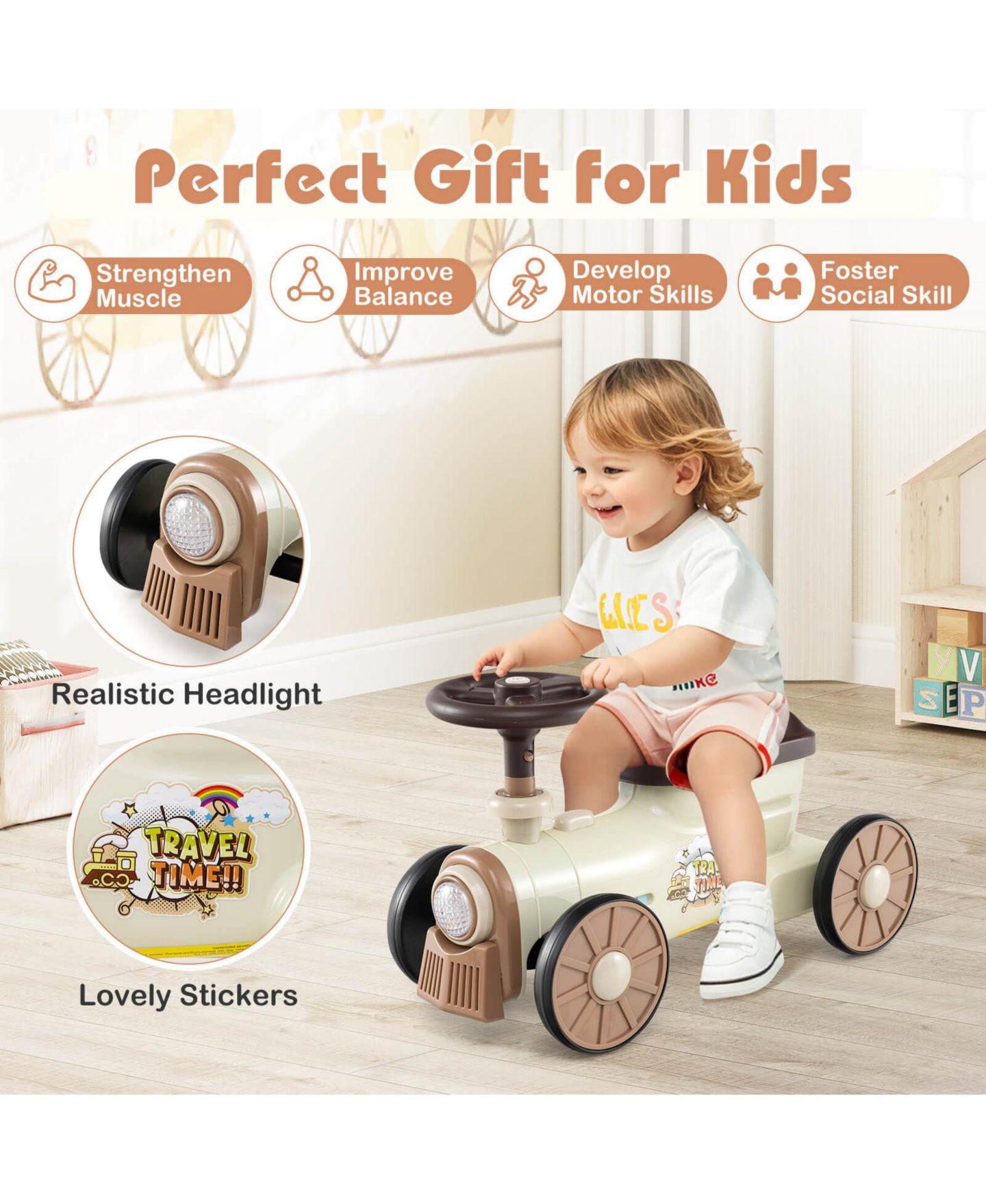 Детская игрушка Costway Ride-On Push Car with Storage Compartment, 33 lbs, Ages 19-36 Months, цвет: Коричневый — фото 8