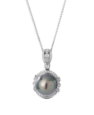 Macy's - Tahitian Pearl (11mm) and Diamond (1/4 ct. t.w.) Pendant Necklace in 14K White Gold