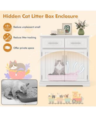 Cat Litter Box Enclosure w/ 2 Drawers Double Doors Anti-Toppling Devices