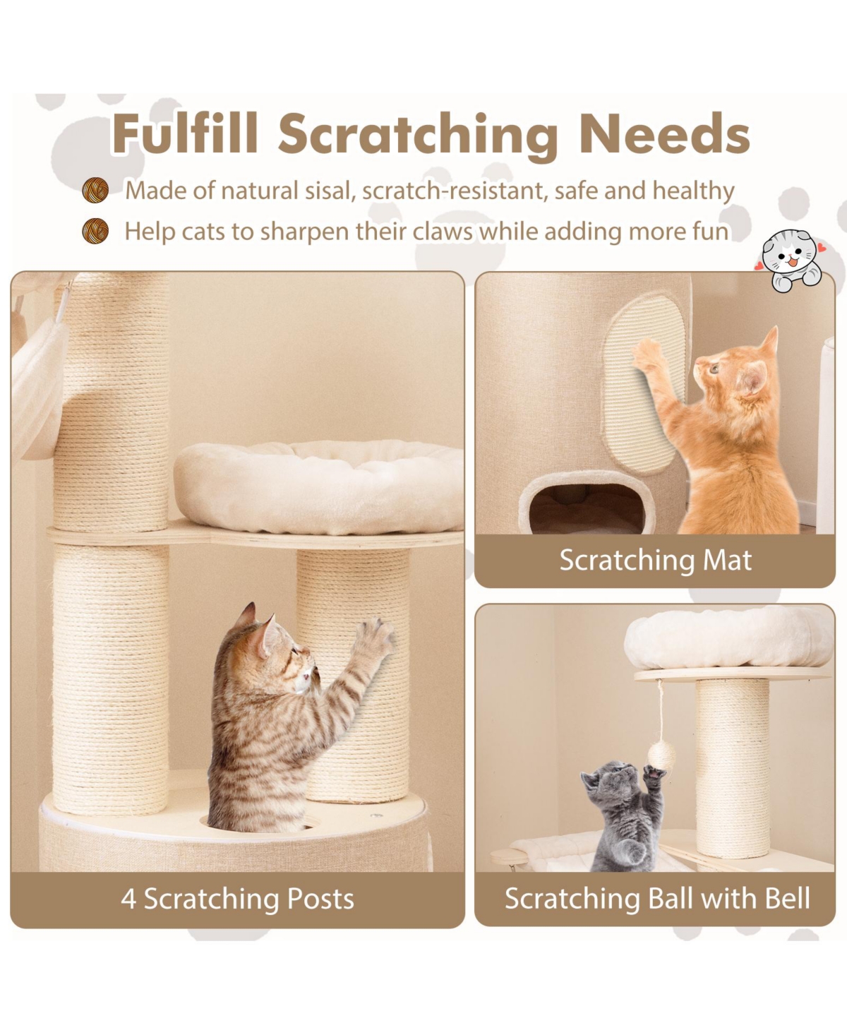 Skonyon 74 Inches Tall Wooden Cat Tower Tree with 2-Story Cat Condo and Washable Cushions