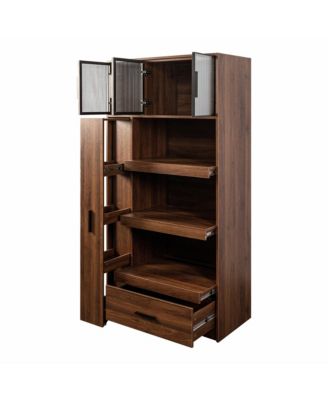 70.87" Tall Kitchen Pantry Cabinet with Pull-Out Multi-Tier Shelf, 1 Drawer, Aluminum Frame Glass Door, Freestanding Storage