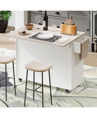 CASAINC Wood Rolling Drop Leaf with Trash Can Storage, Spice Rack, Towel Rack, Drawer & Adjustable Shelf Kitchen Island Cart