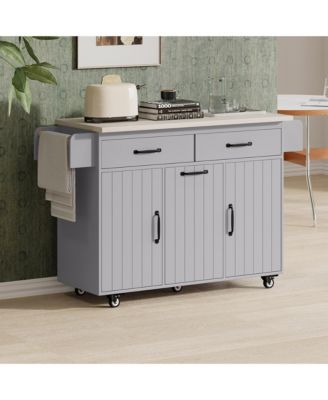CASAINC Wood Rolling Drop Leaf with Trash Can Storage, Spice Rack, Towel Rack, Drawer & Adjustable Shelf Kitchen Island Cart