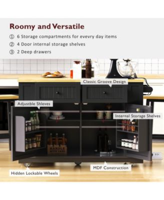 48inch Kitchen Island with 2 Bar Stools, Power Outlet, Drop Leaf, Rolling Cart with Door Rack, Side Racks