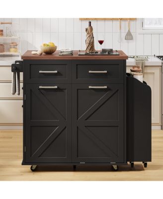 CASAINC 47.2" MDF Drop Leaf, Side Racks, Drawers, Towel Rack & Wheels Farmhouse Kitchen Island