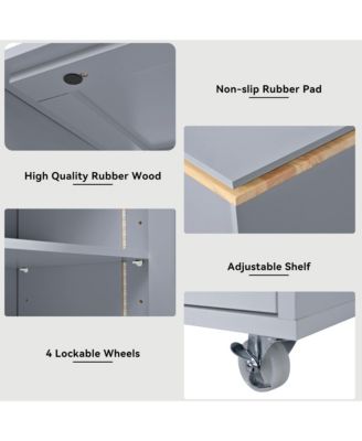 CASAINC Extendable 73.5” Tabletop MDF, Rubber Wood LED Lights, Power Outlets, Fluted Glass, Storage Shelves Rolling Kitchen Island