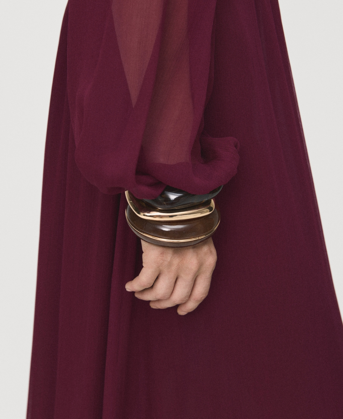 Mango Ruffle Off The Shoulder Long Sleeve Maxi Dress In Burgundy