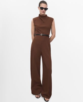 MANGO - Women's Draped Neck Belt Jumpsuit