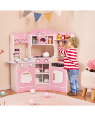 Corner Wooden Play Kitchen with Coffee Machine and Slide for Kids-Pink