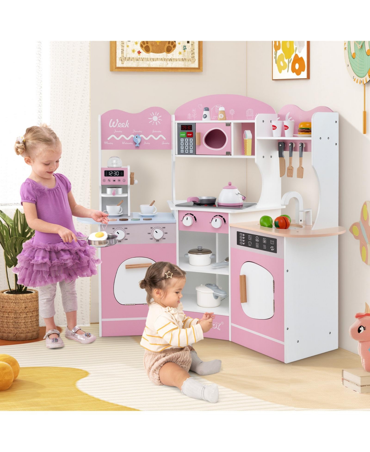 Skonyon Corner Wooden Play Kitchen with Coffee Machine and Slide for Kids-Pink