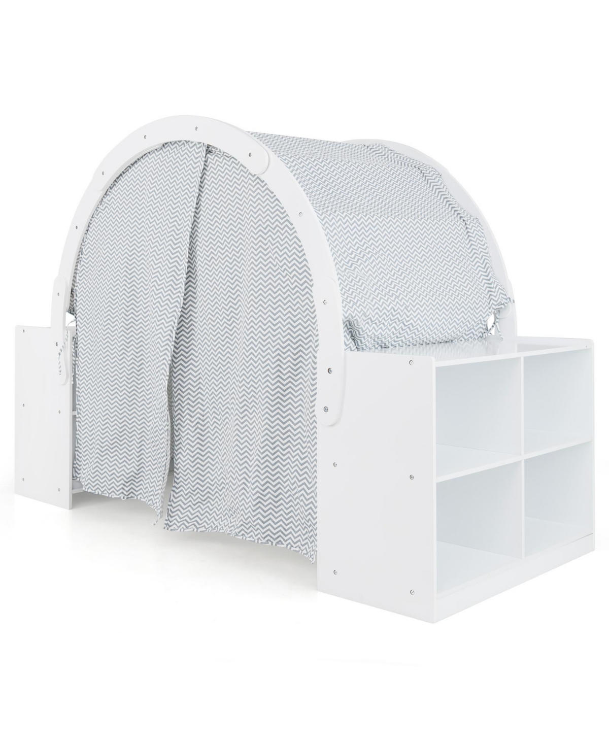 Skonyon Wooden Kids Play Tent with Curtain Shades and 8 Cubbies-White