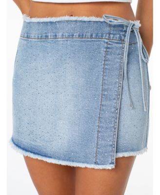 Juniors' Embellished Denim Wrap Skirt