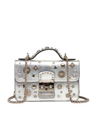 Small Leather Crossbody Bag Studded Purse Top Handle Structured Handbag