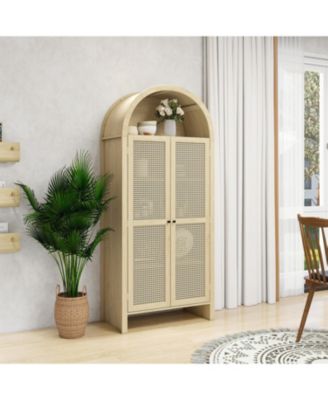 70.28" Tall Arched Kitchen Pantry with 2 Adjustable Shelves and Rattan Door, Versatile Storage for Kitchen or Dining