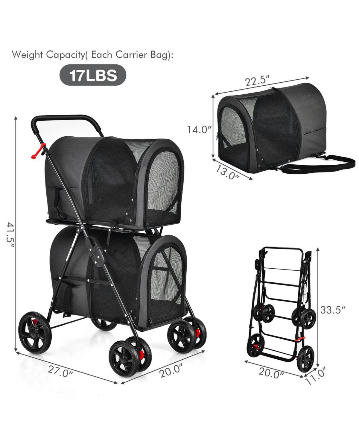 Sugift 4-in-1 Double Pet Stroller with Detachable Carrier and Travel Carriage