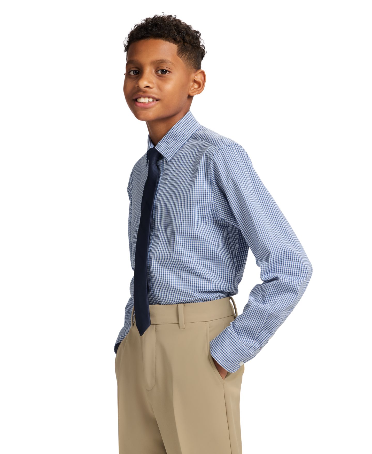 Рубашка Tommy Hilfiger Long Sleeve Stretch Murray Check Dress Shirt & Tie для мальчиков, цвет: Синий — фото 2