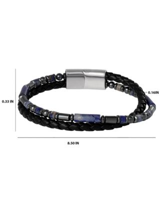 Men s Braided Leather & Sodalite Bead 8.5'' Bracelet, Black/Blue, Magnetic Clasp