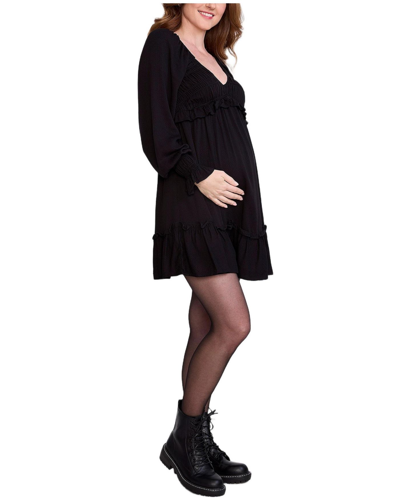 Женское платье Motherhood Maternity Motherhood V-Neck Long Sleeve Smocked Tiered Short, цвет: Чёрный — фото 4