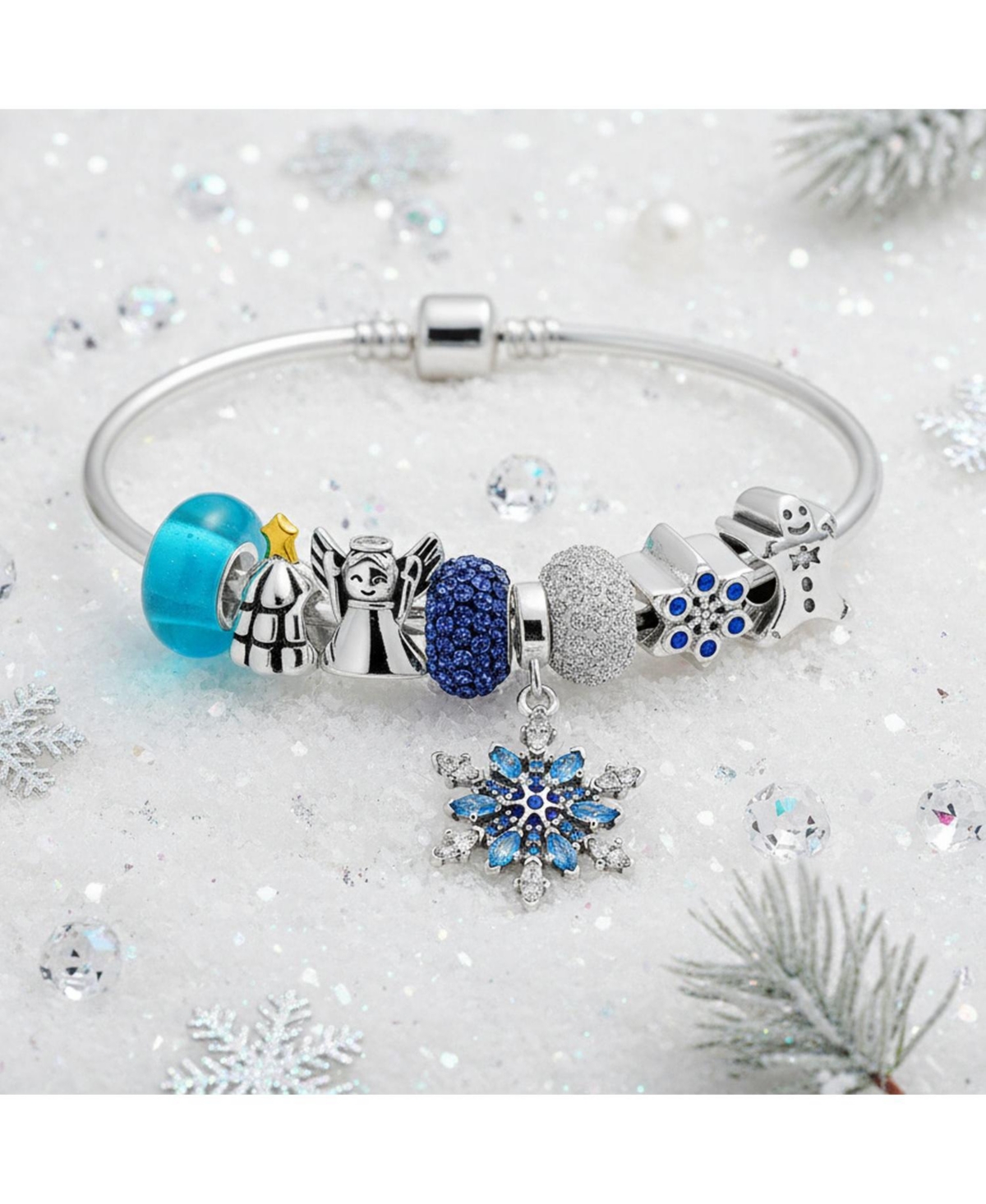 Bling Jewelry Elegant Blue Ice Snowflake Charm Bracelet with Crystal Beads and Silver Clasp