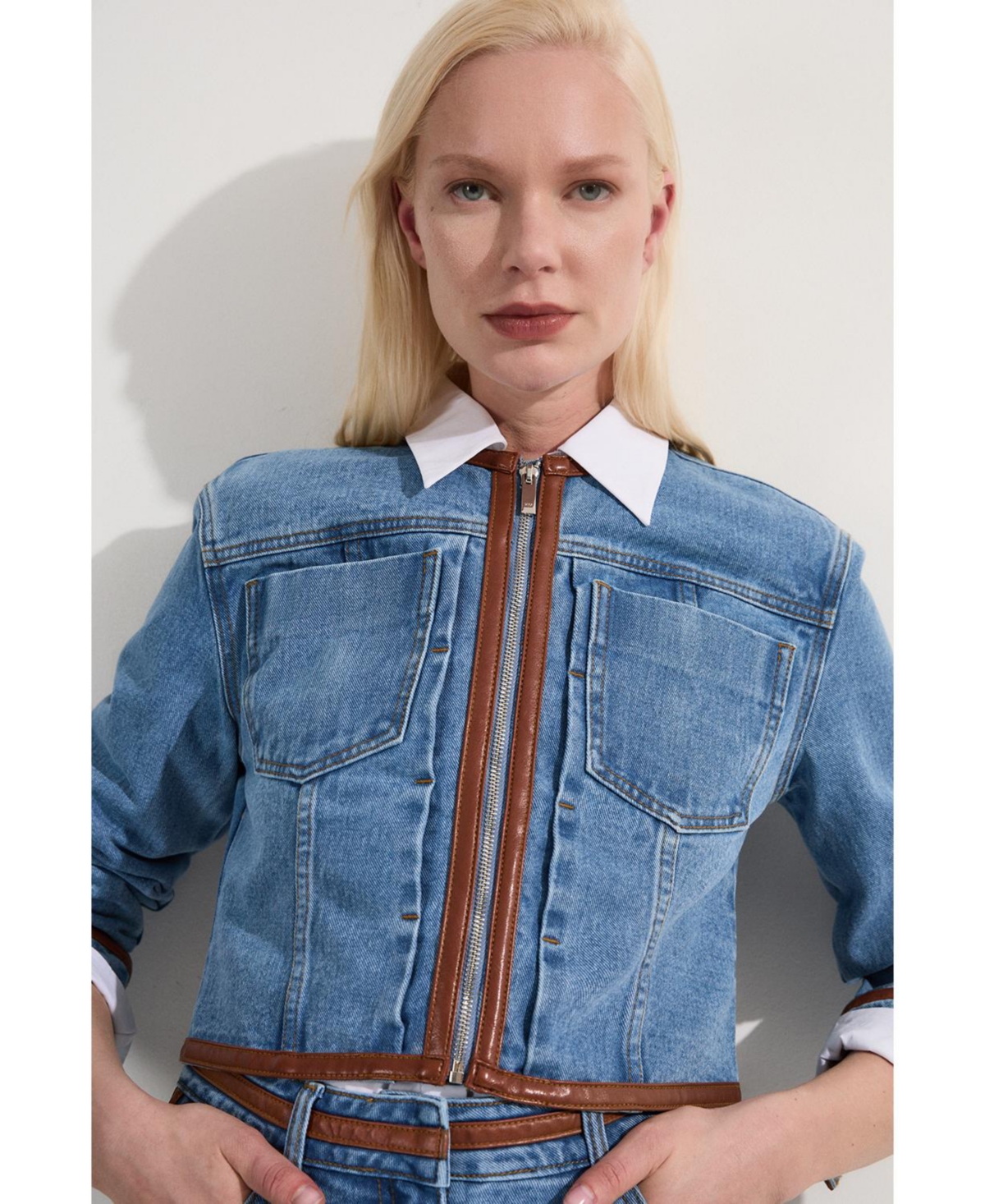 Karen Millen Women's Denim & Leather Collarless Jacket