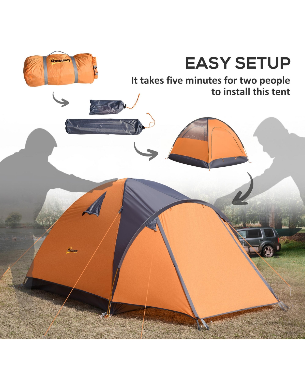 Outsunny 3-4 Person Camping Tent w/ Carrying Bag, for Backpacking Hiking