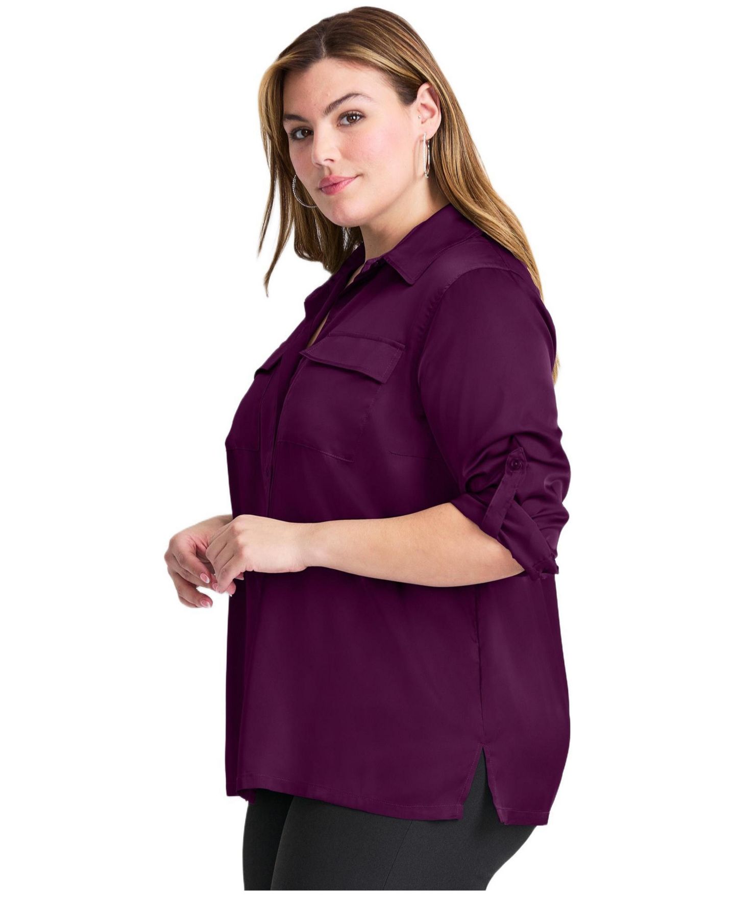 Женская рубашка Avenue Plus Size Sateen Utility, цвет: Глубокий ягодный — фото 2