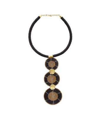 Mukiri Handcrafted African Beaded Necklace for Women - Kenyan Jewelry with Brass Shilling Accents, 3-Disc Tribal Design
