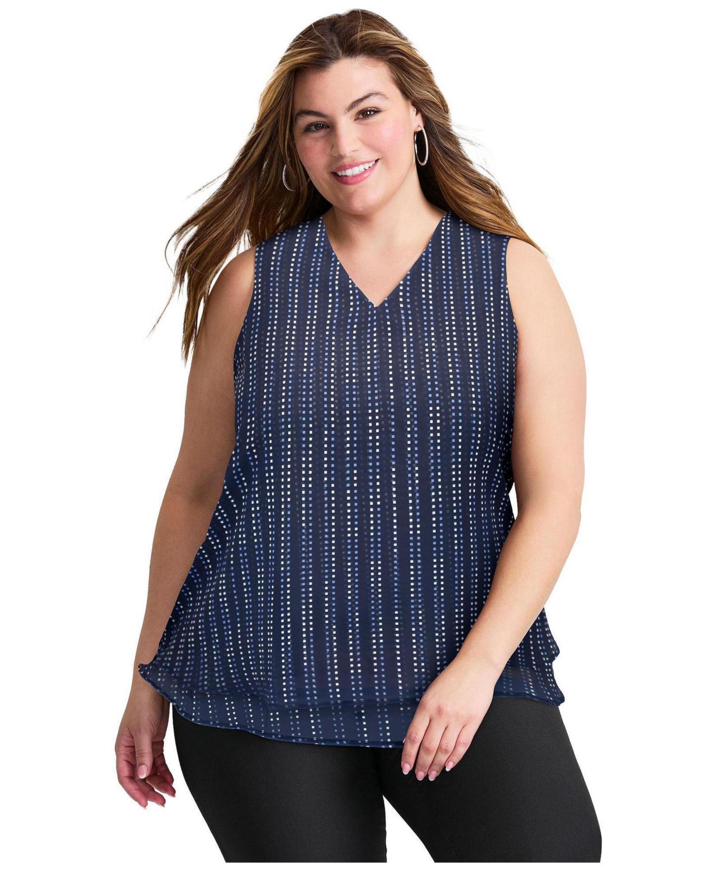 Женская футболка Avenue Tops & Tees Plus Size Sleeveless Double Layer Swing Tank, цвет: Тёмно-синий полосатый — фото 1
