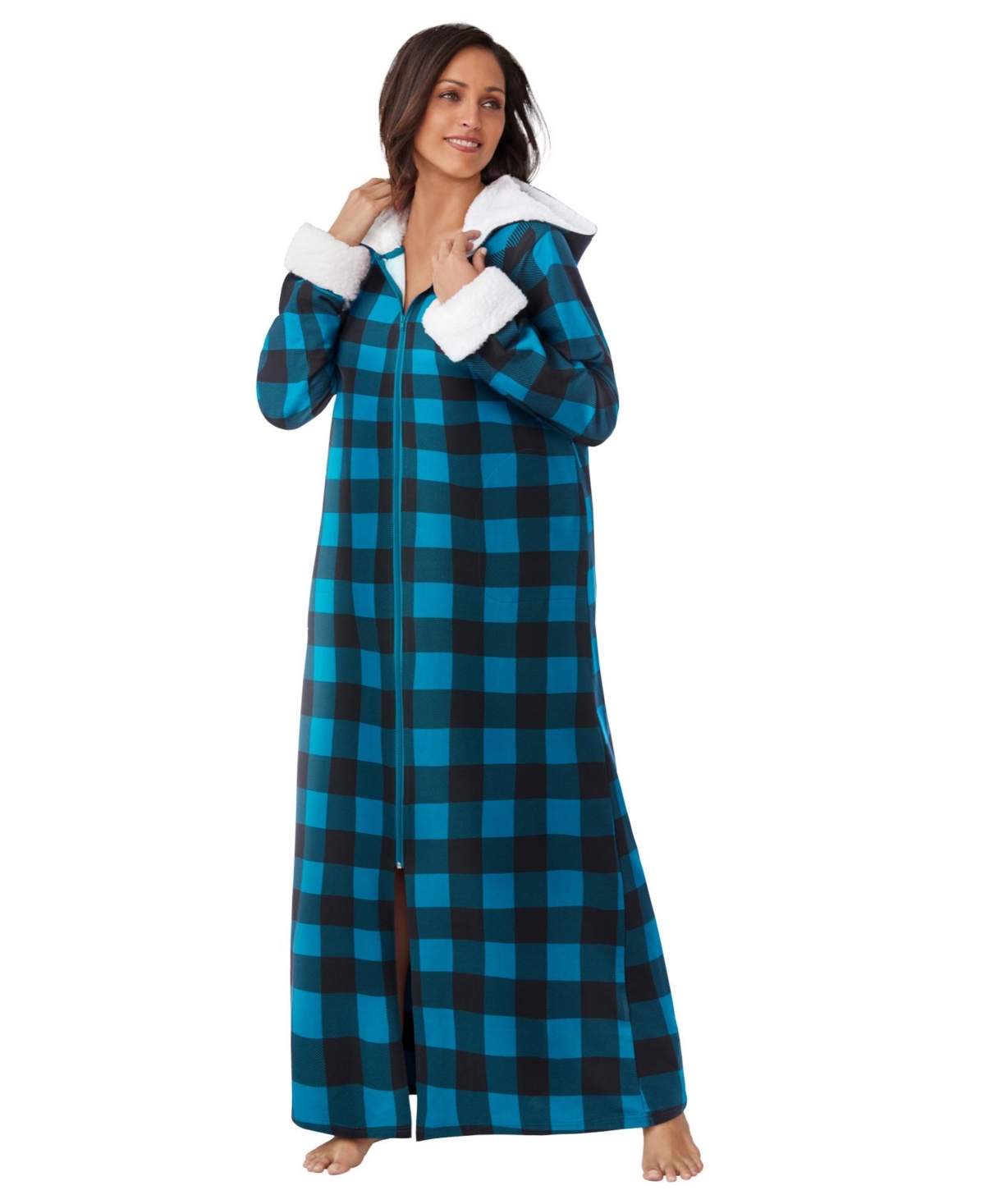 Dreams & Co. Women's Plus Size Sherpa-Lined Long Hooded Robe - Dark turq buffalo
