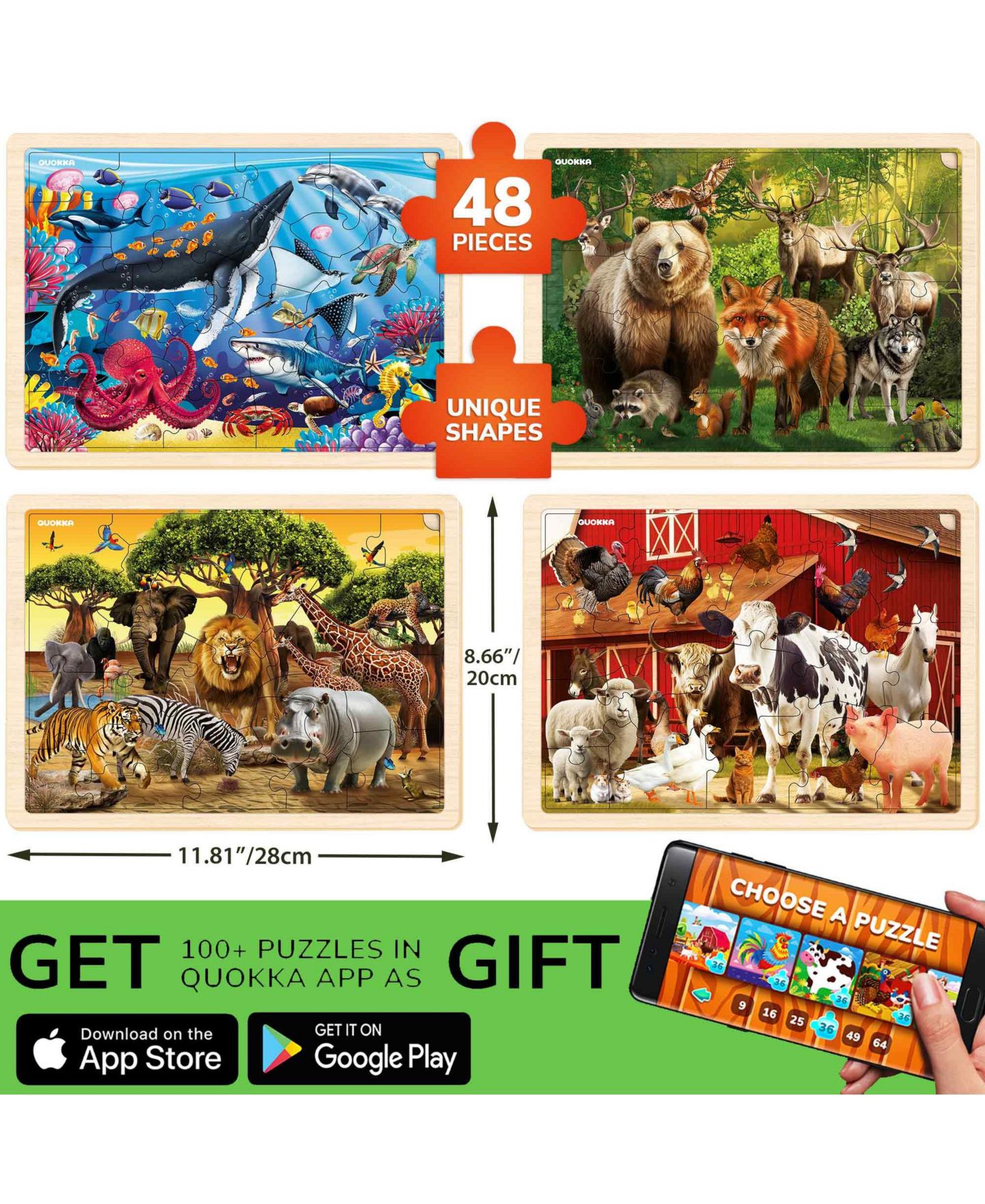 Детские игрушки Quokka Montessori Animal-Themed Large-Piece Wooden Jigsaw Puzzles, 4-Puzzle Set, Ages 3-5, цвет: Океанский — фото 2