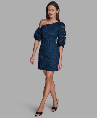 Women's Lace One-Shoulder Textured Puff Sleeve Mini Dress