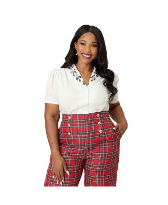 Plus Size 1940s Short Sleeve Collared Button Down Woven Blouse