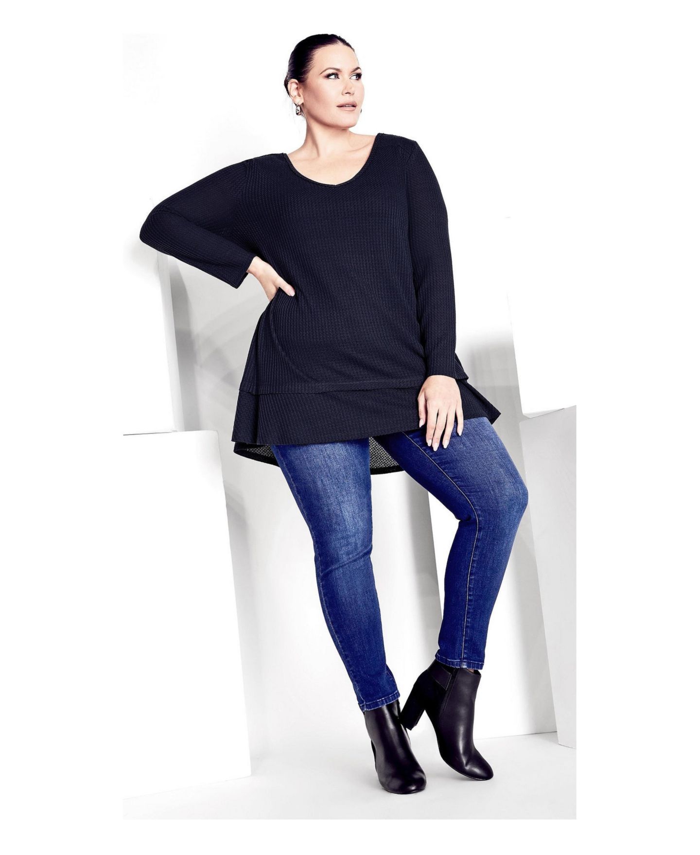Женский топ Avenue Plus Size Waffle Ruffle Tunic, цвет: Тёмно-синий — фото 3
