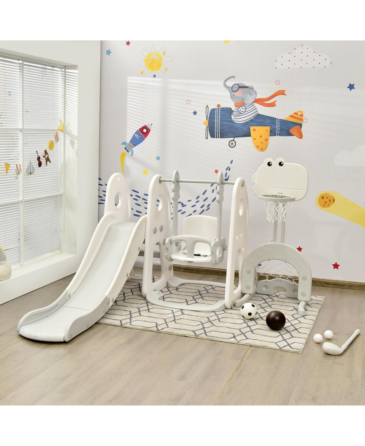 Skonyon 6 in 1 Toddler Slide and Swing Set with Ball Games