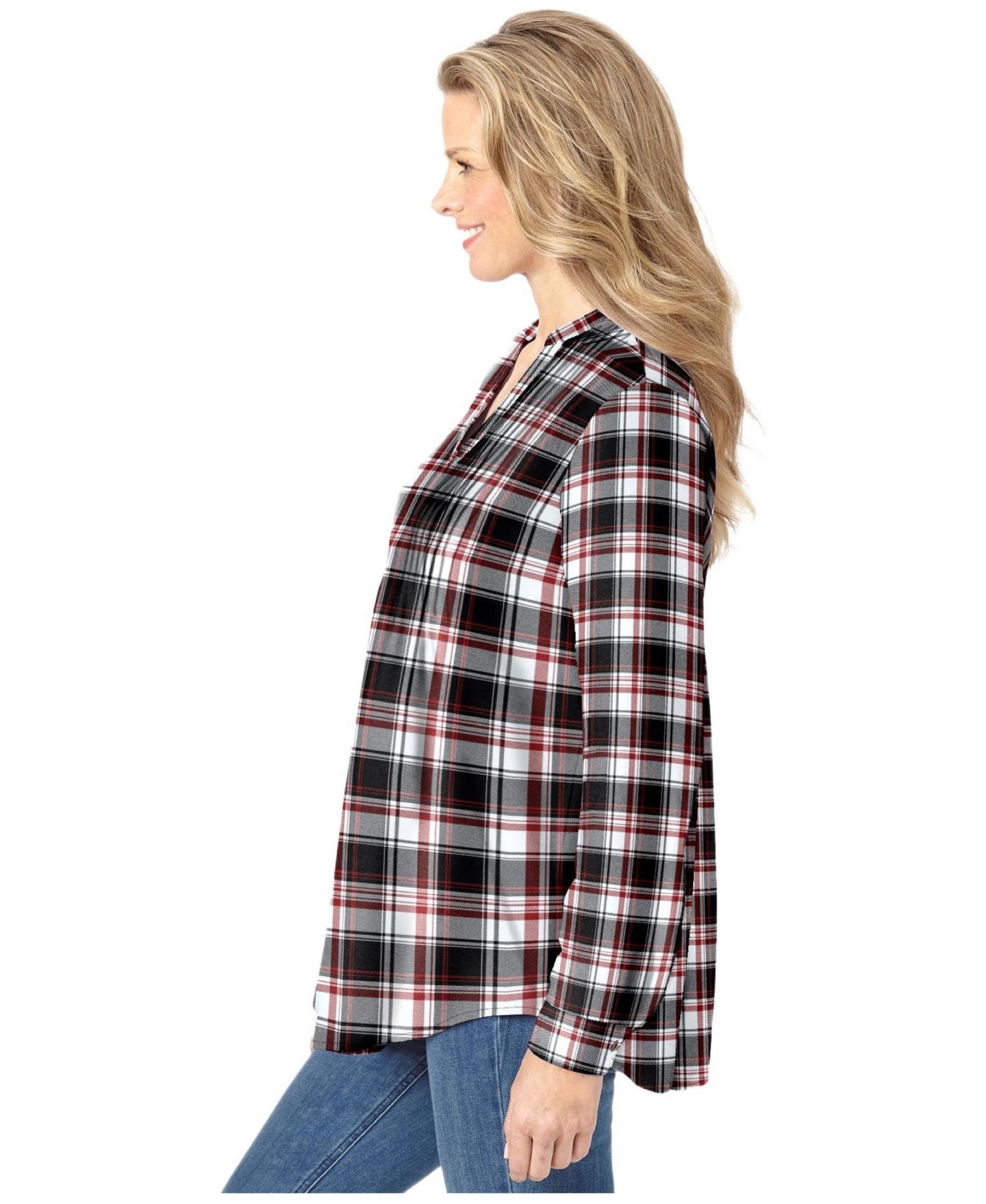 Женская рубашка Woman Within Plus Size Within Pintucked Flannel, цвет: Чёрный красный клетчатый — фото 3