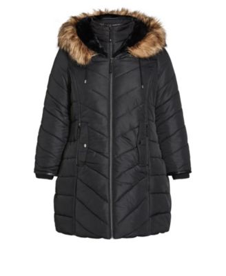 Women's Chevron Long Puffer Coat with Faux Fur Hood
