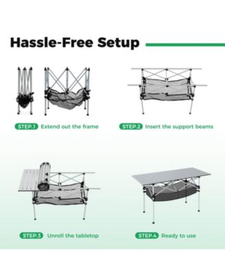 Patio Folding Camping Table with Aluminum Roll-up Tabletop & Mesh Basket