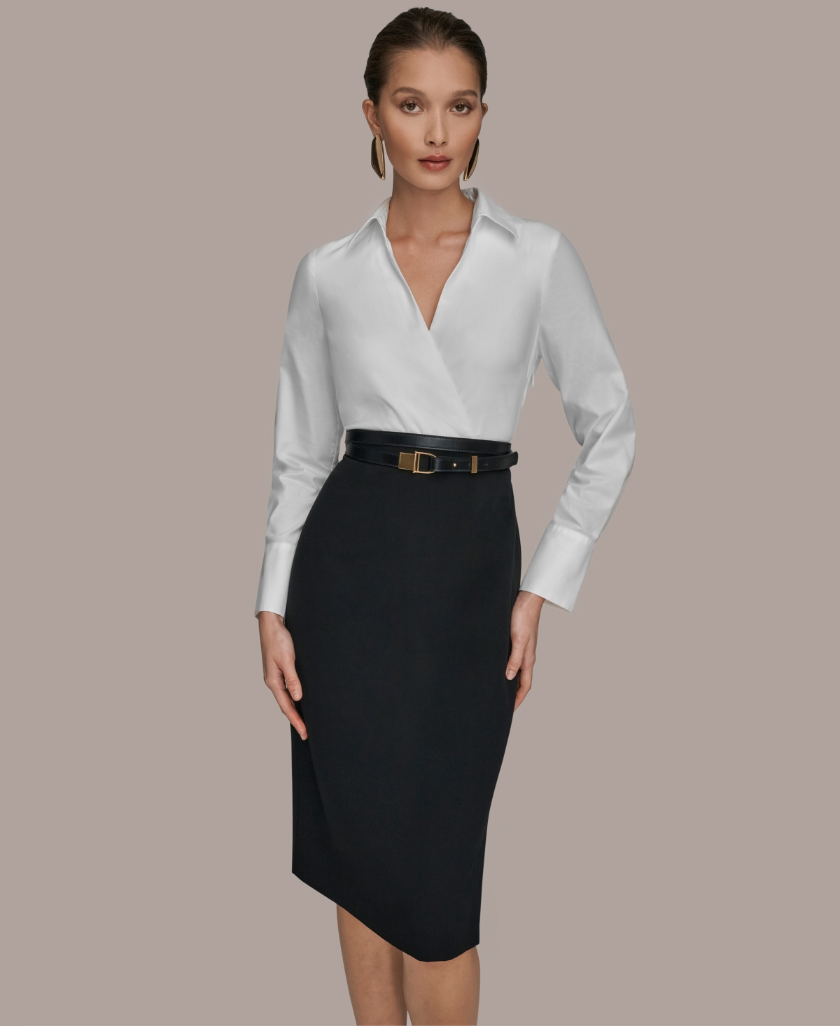 Donna Karan Women's V-neck Belted Contrast Wrap Sheath Midi Dress In Black