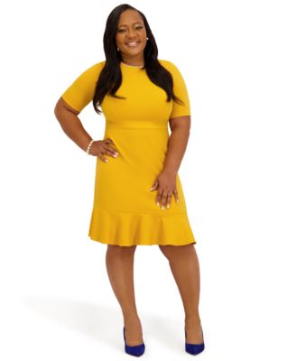 Women's Round Neck Knee Length Ruffle Skirt Dress, Regular and Plus Size