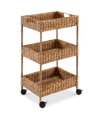 3-Tier Water Hyacinth Rolling Utility Cart w/ Weaved Baskets