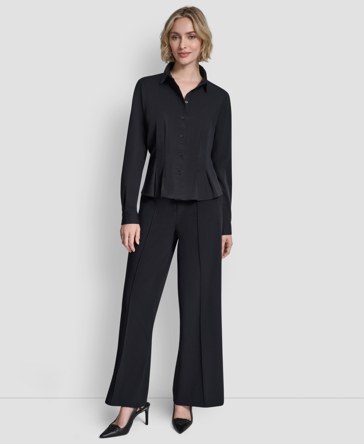 Dkny Women's Pleated Button-up Blouse In Blue