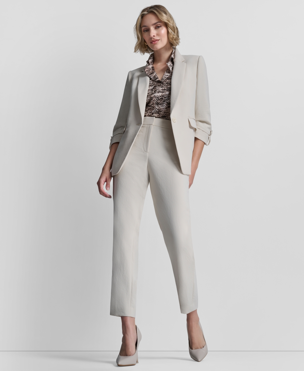 Dkny Womens Notch Collar Ruched Sleeve Jacket Charm Detailed Ankle Length Pants Collared Button Up Blouse In Brown