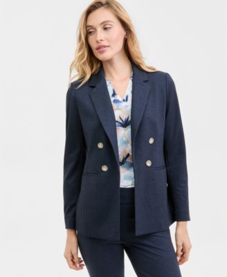 Women's Faux Double-Breasted Notch-Collar Jacket, Printed V-Neck Split-Cuff Blouse & High-Rise Pull-On Compression Pants