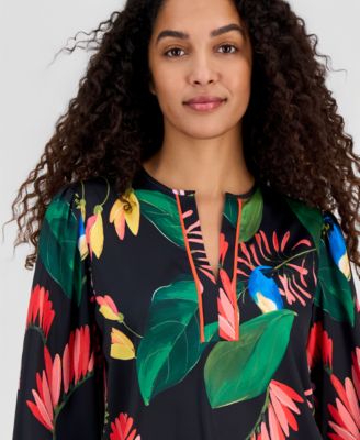 Women's Floral-Print Split-Neck Piping Blouse