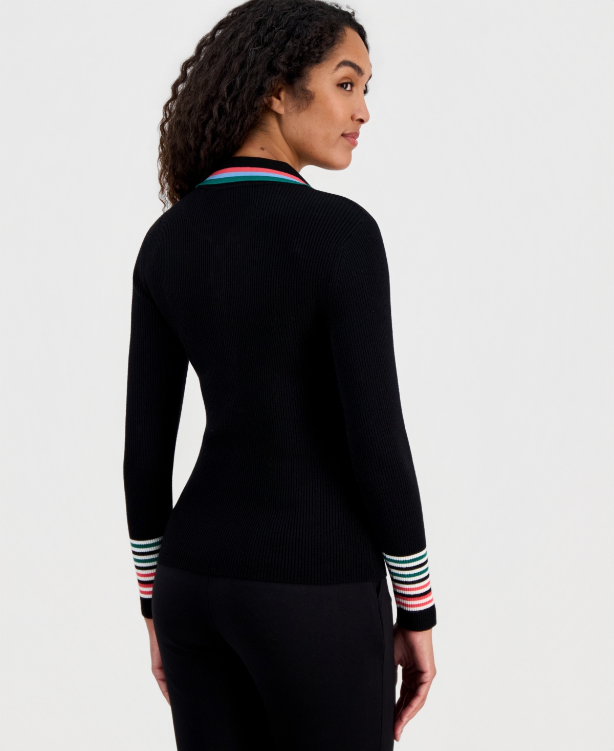 T Tahari Women's Striped-Trim Collared Button Top