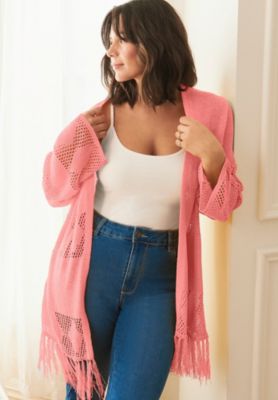Women's Plus Size Pointelle Fringe Cardigan